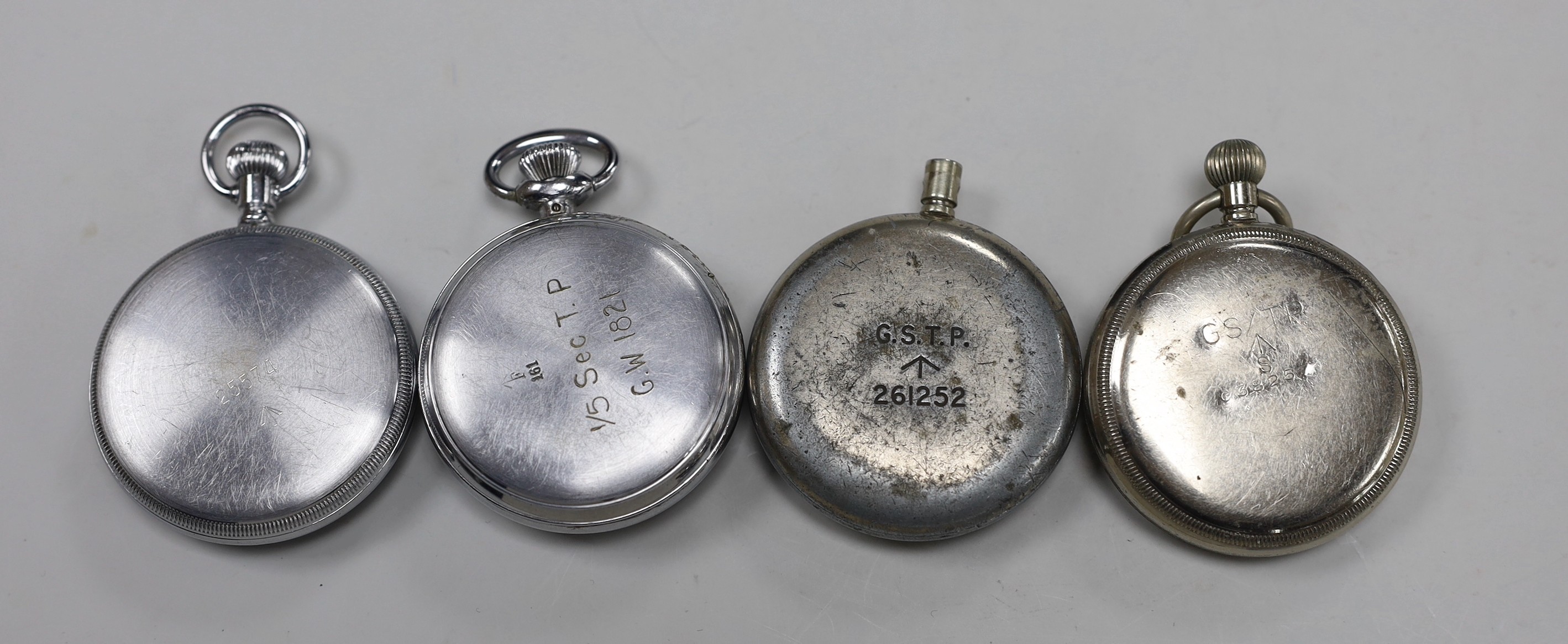 Three assorted base metal military pocket watches (a.f.) including Waltham black dial, case diameter 52mm and a similar Waltham military stop watch.